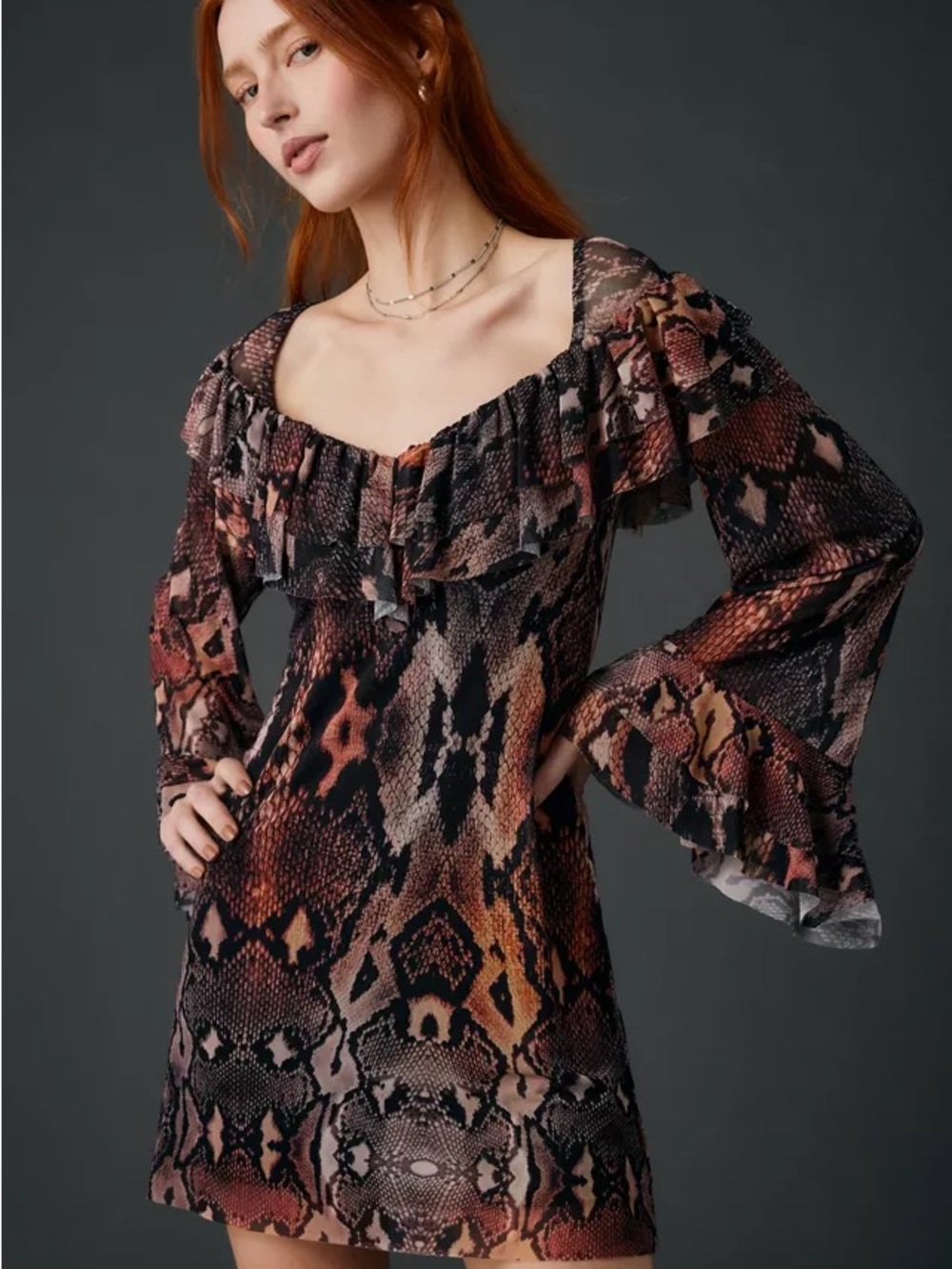NWT AFRM Snake-Print Off-Shoulder Ruffle Dress